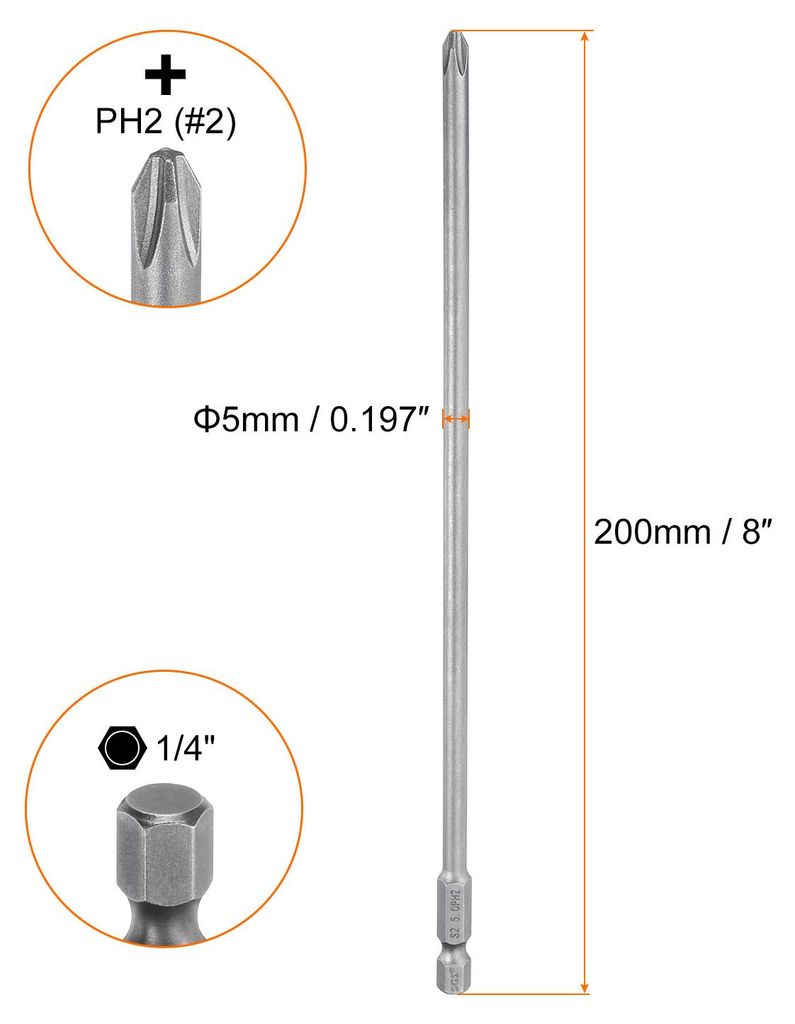 2 Stš¹ck PH2 Phillips Schraubendreher Bit Set mit 1/4" Sechskantschaft, 5mm Stab 200mm Lang Magnetische Kreuzkopf Bitsatz S2 Stahl Bohrer Elektro...