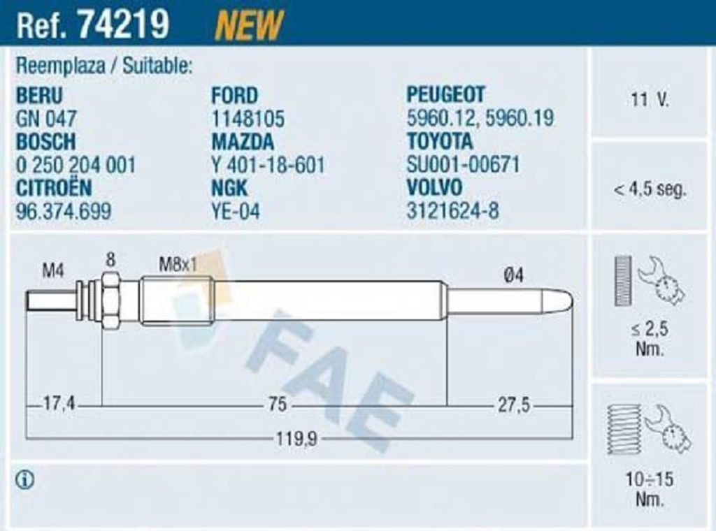 FAE 74219 Diesel Glühkerze für FORD Fiesta Mk5 Schrägheck (JH1, JD1, JH3, JD3)