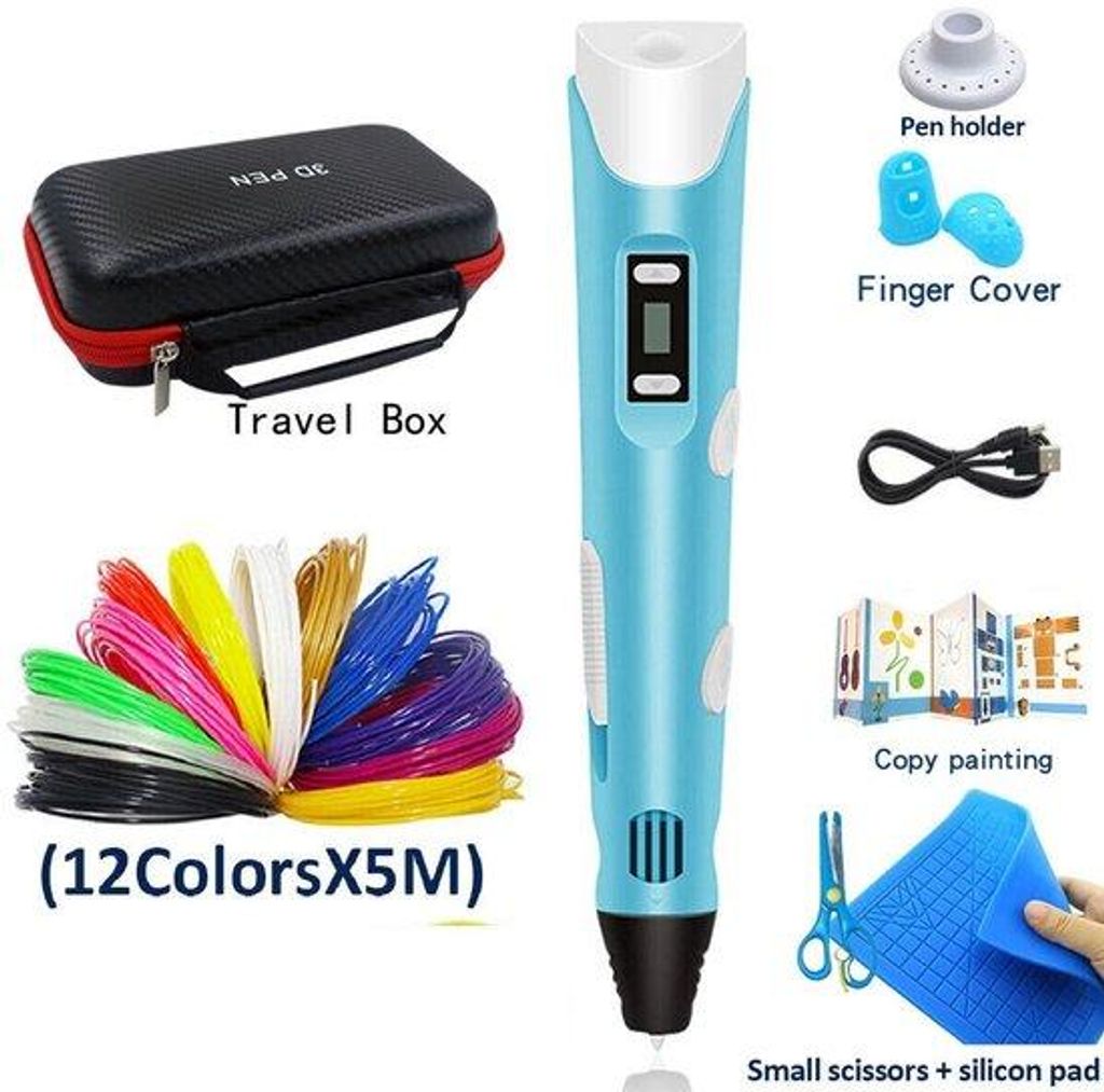 3D-Druckset - Starterkit für Anfänger (blau) - 3D-Zeichengerät - Bildungsspielzeug für Kinder und Erwachsene - 5 Meter Druckmaterial in 12 Farben