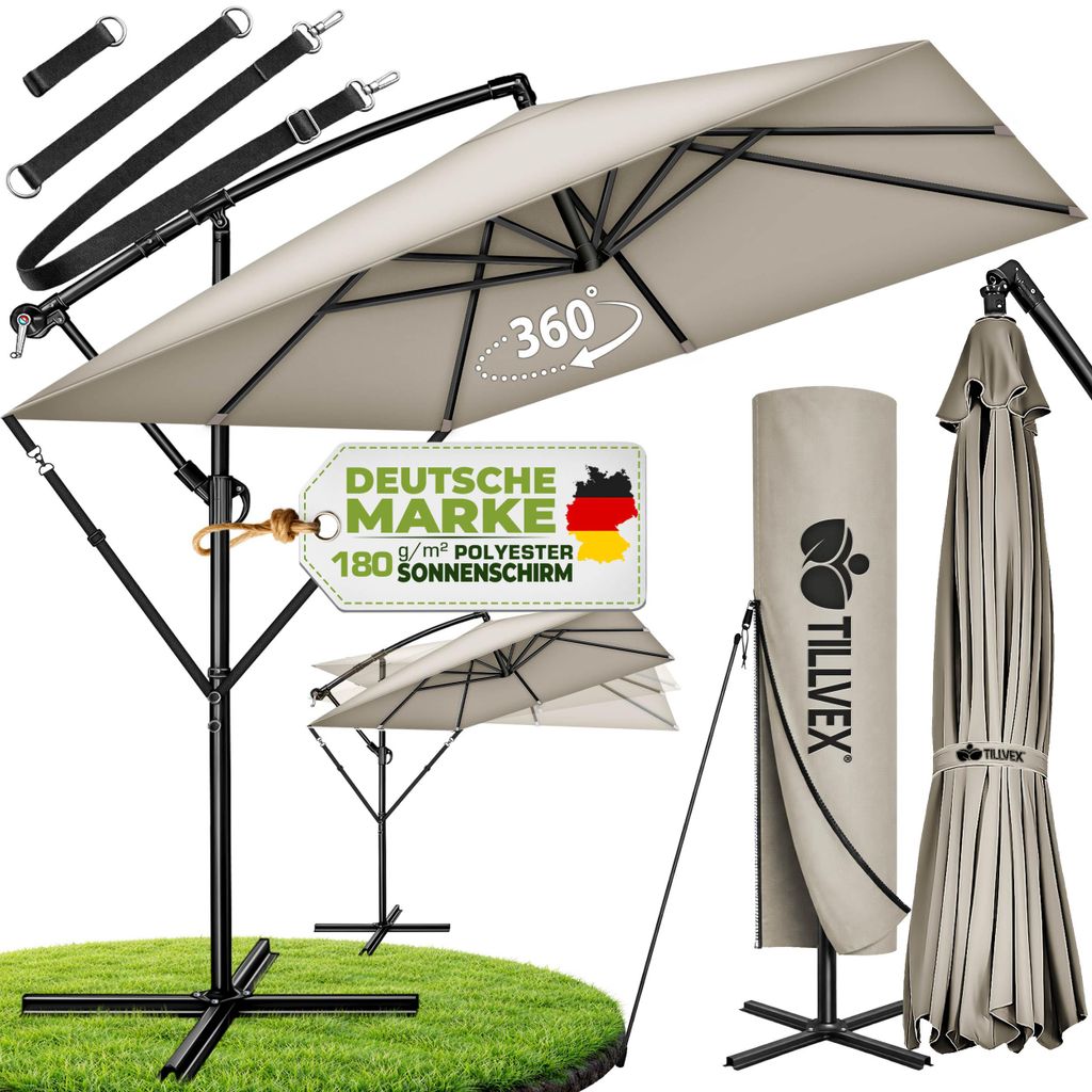 tillvex® Alu Sonnenschirm Rechteckig Ø 330 cm Taupe + Produktbild 