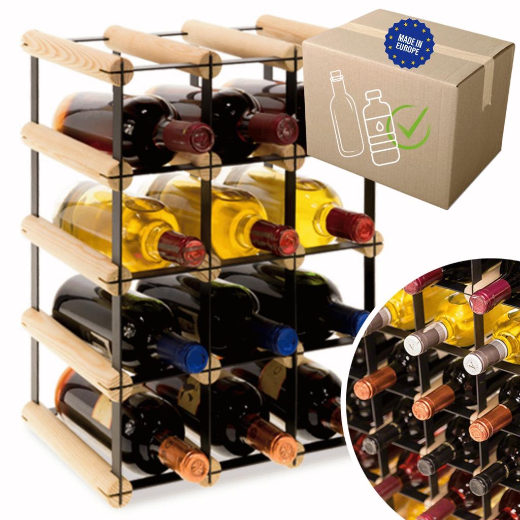 MODO24 Weinregal, 12 Flaschen, Flaschenhalter, Weinständer, Erweiterbar, Holz Metall, Industrial Loft, Küche, 42,5x32,5x25 cm, Natur, RW8