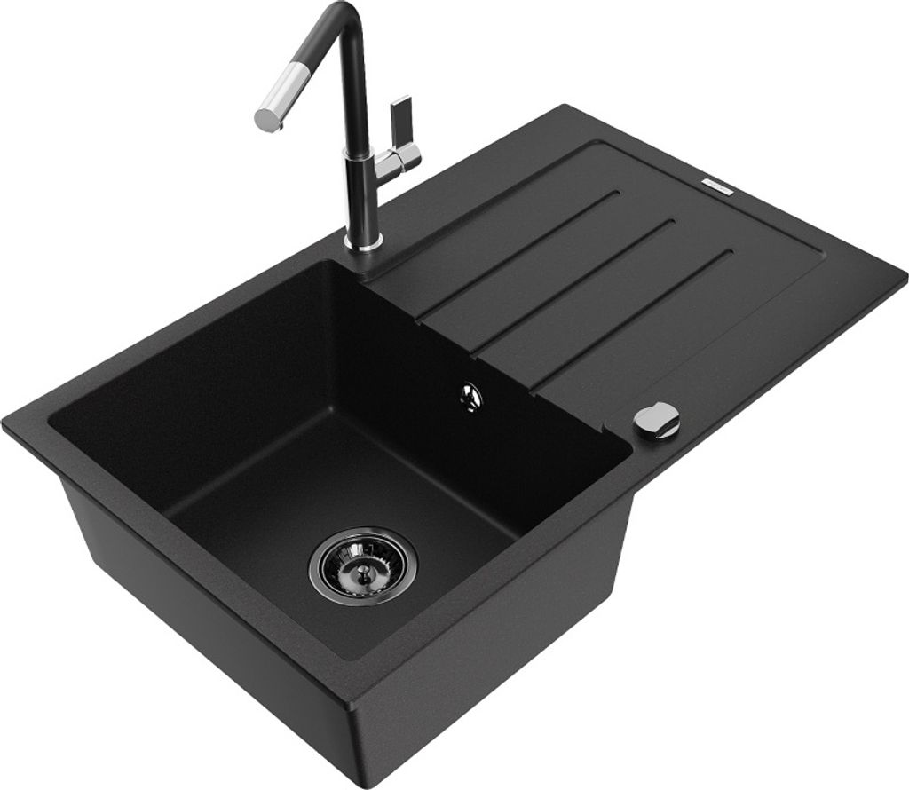 Mexen Bruno 1 Becken-Granitspüle mit Abtropffläche und Mischbatterie Flora, Schwarz - 6513-77-670401-07-B