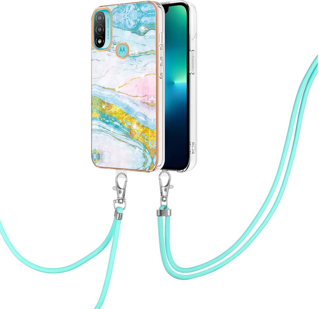 Handykette Hülle für Motorola Moto E20/E30/E40 Muster TPU Schutzhülle mit verstellbarem Tragegurt Türkis