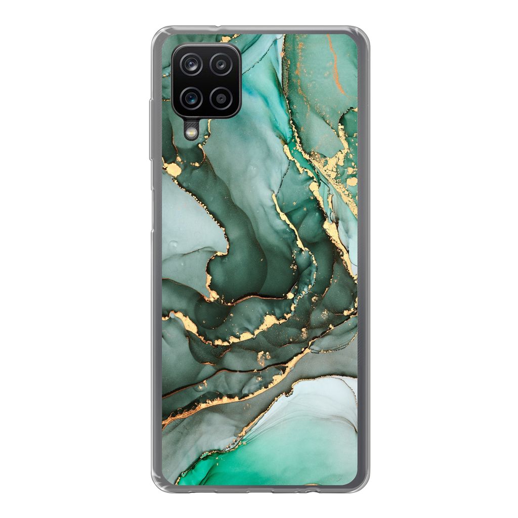 MuchoWow Handyhülle Schutzhülle Hülle für Samsung Galaxy A12 Gold - Marmor - Grün - Luxus - Marmoroptik - Grau Silikon Softcase Handy Hülle...