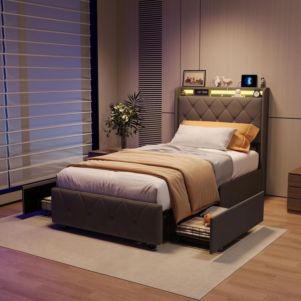 UnboxG Letto imbottito 90x200 cm grigio con 2 cassetti, Immagine del prodotto 