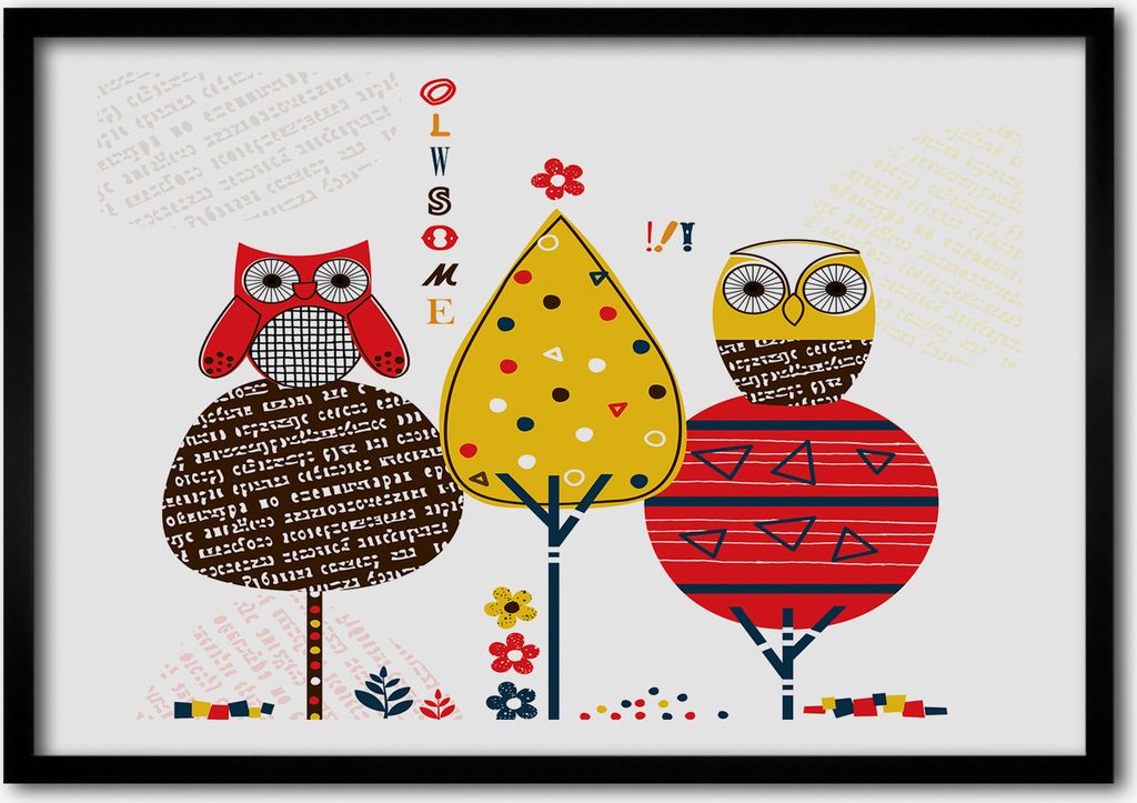Bild - Bilder - Bilderrahmen - 70 cm x 50 cm - MDF-Rahmen, Wandkunst Eulen in einem Baum