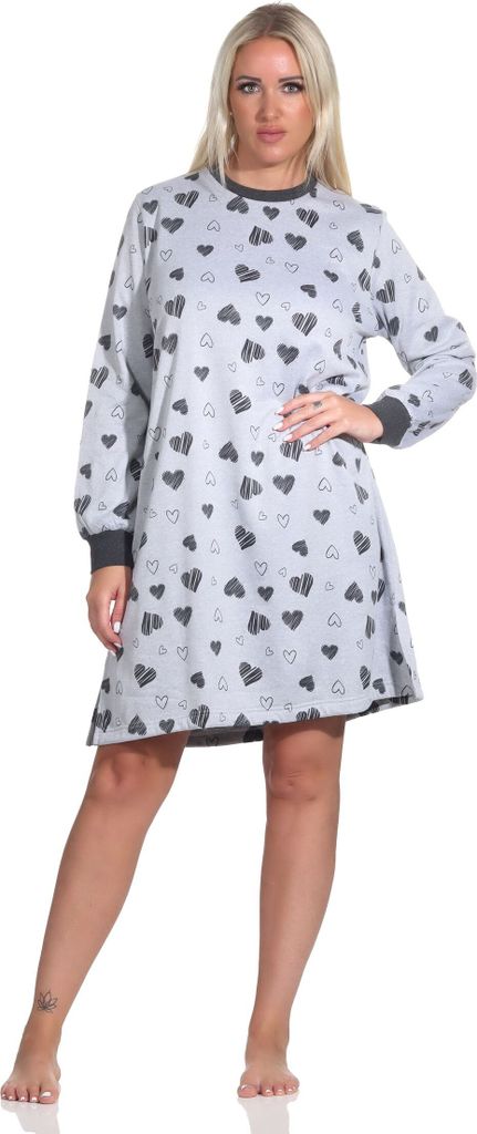 Damen Frottee Nachthemd langarm mit Bündchen in toller Herz Optik - auch in Übergröße ; grau-melange , 40/42
