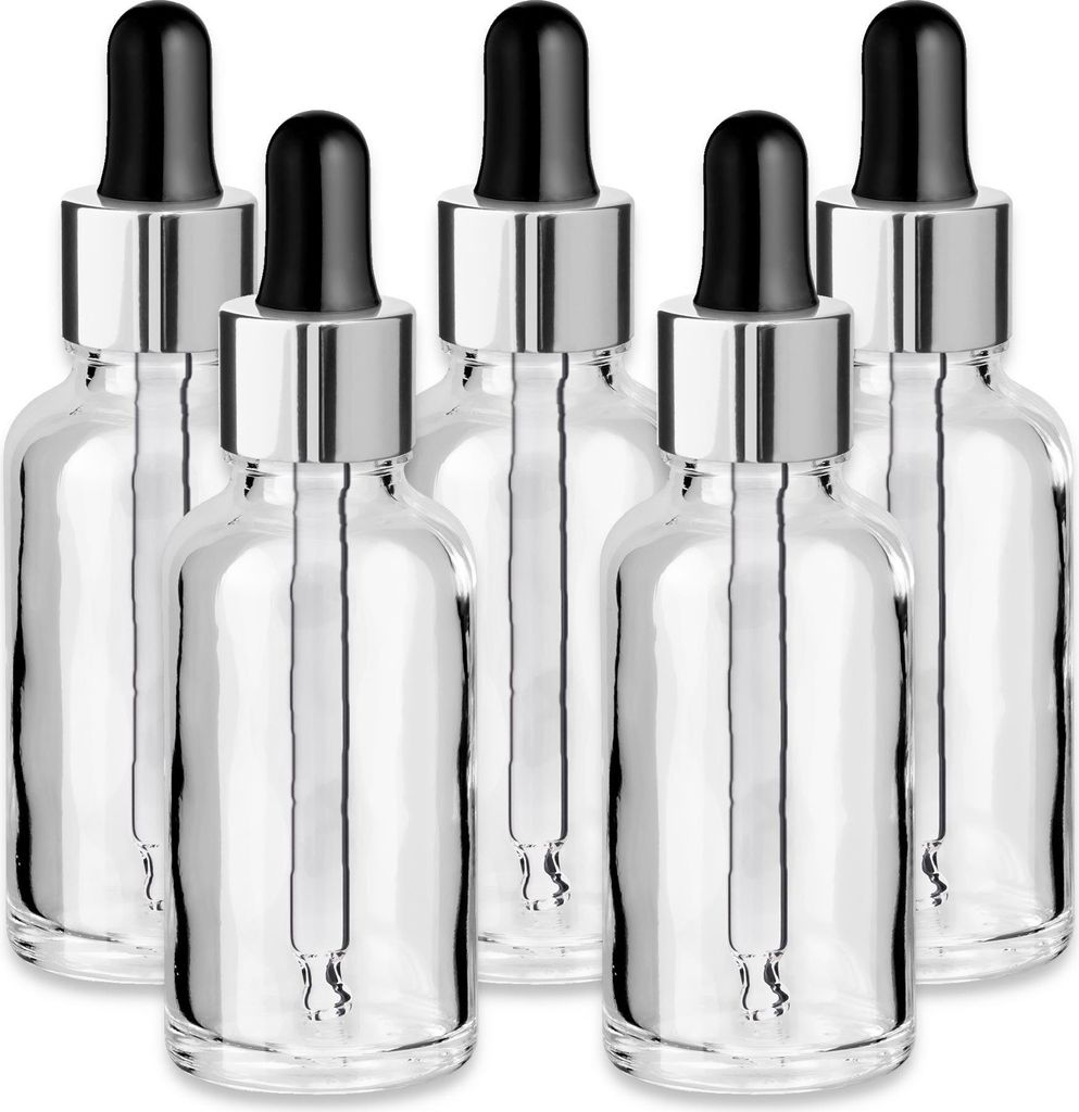 Glasflasche klar 30 ml mit silberner Aluminiumpipette – 5er-Set