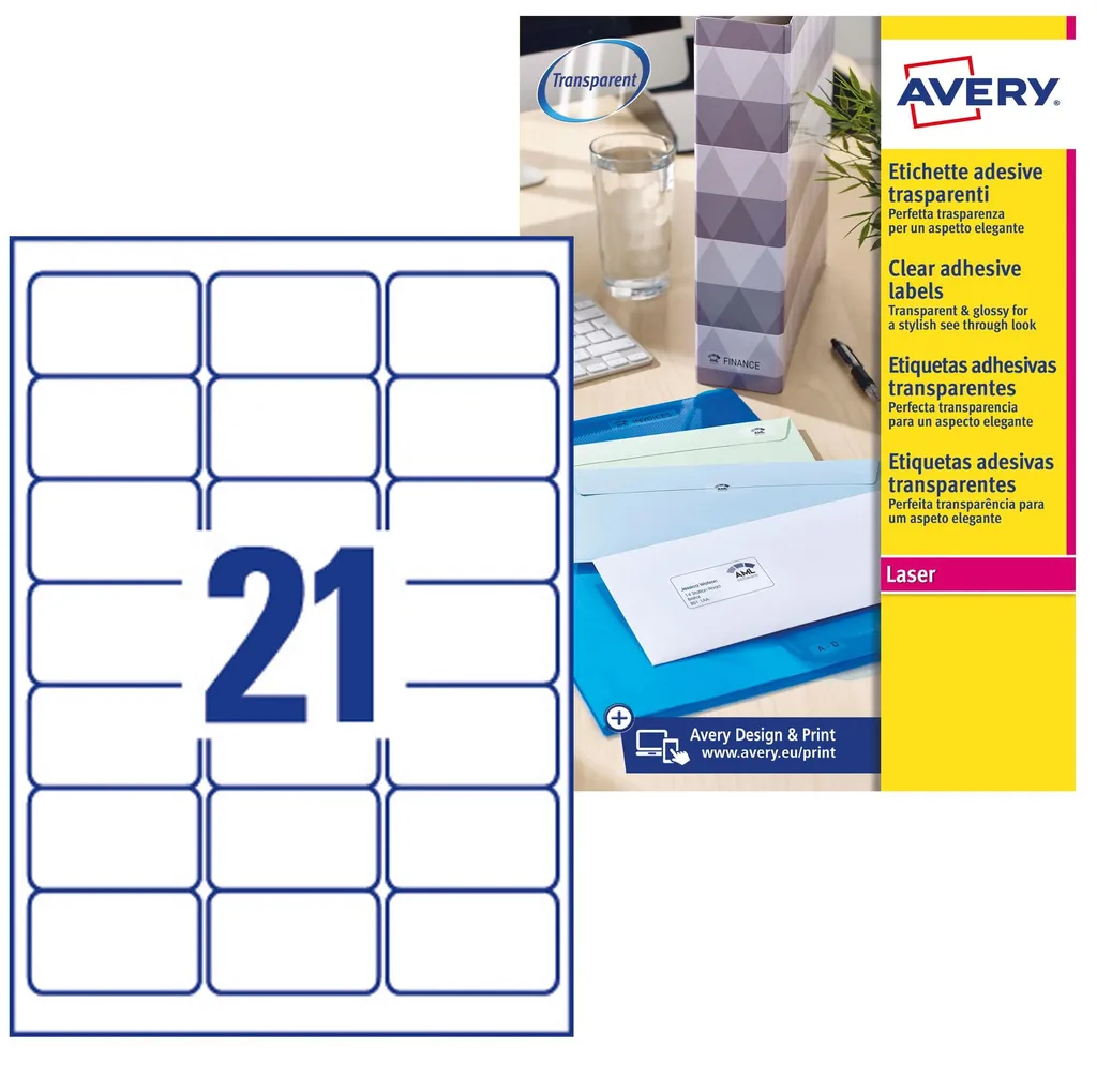 Étiquettes Rectangulaires Transparentes Avery L7560, Adhésif Permanent A4