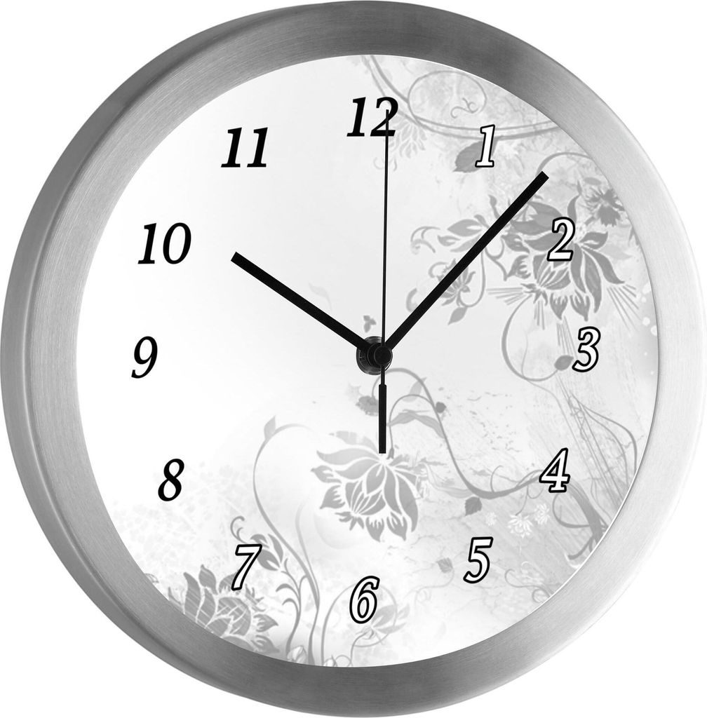 Funkuhr, Kinder Wanduhr, Kinderuhr, Kinderzimmer Blumenranke grau