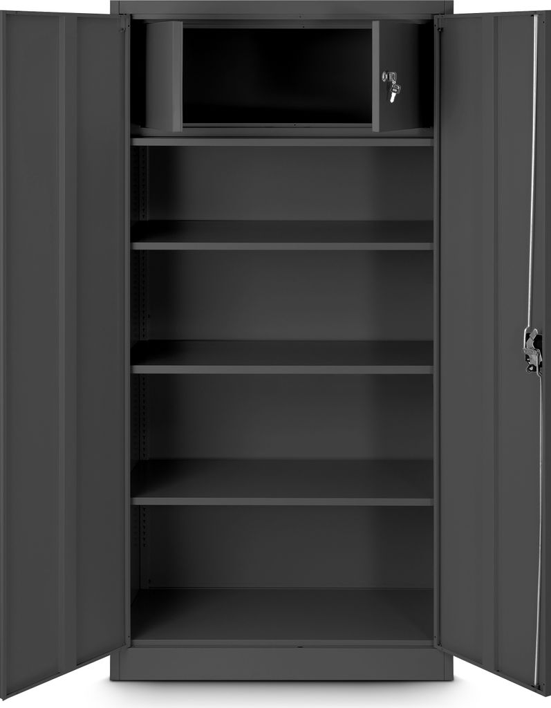 An open, empty metal cabinet with shelves and a small locked compartment at the top.