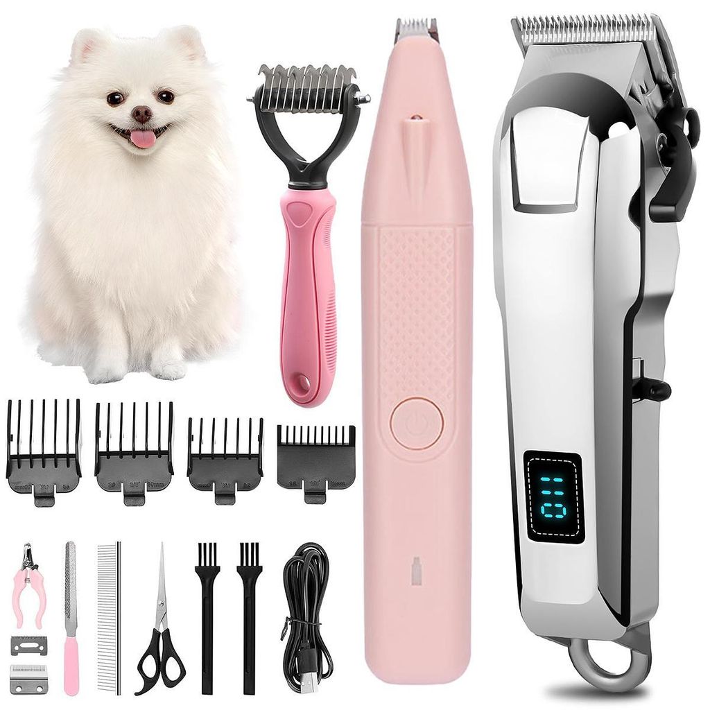 3-in-1 Hundeschermaschine und Pfotentrimmer-Set, Haustierhaarschneider mit Krallentrimmer, Bürste und Schere für Hunde und Katzen