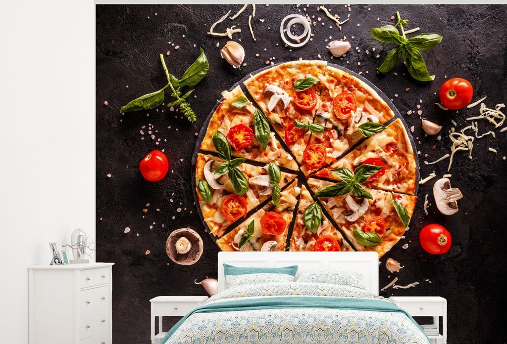 MuchoWow Fototapete für Wohnzimmer oder Schlafzimmer Wandtapete Vinyl Motivtapete Pizza - Gemüse - Kräuter - Küche - Industrie - 325x260 cm -...