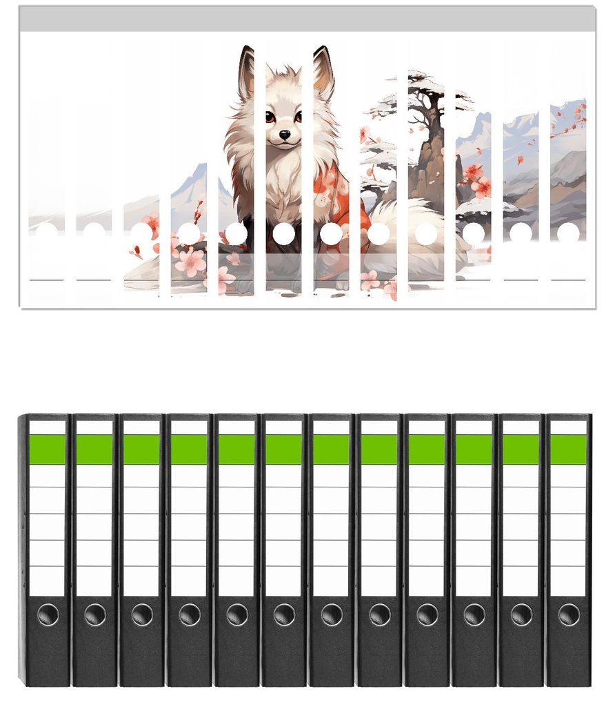 Wallario 12 Stück schmale Ordner inkl. Klebeetiketten mit Motive Fuchs mit Kirschblüten - Set mit Rückenschildern / Ordnerrücken Stickern
