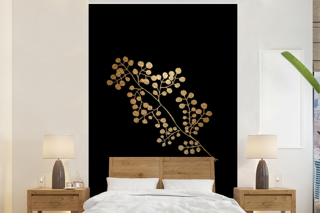 MuchoWow Fototapete für Wohnzimmer oder Schlafzimmer Wandtapete Vinyl Motivtapete Gold - Blätter - Zweig - 160x240 cm - Vinyltapete