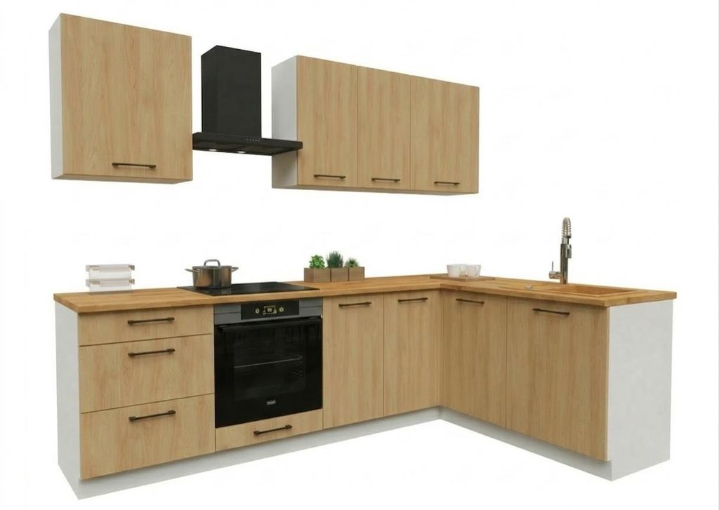Eckküche - 260x170 cm - Hicora-Eiche - 8 Küchenschränke - mit brauner Arbeitsplatte - moderne Küchenmöbel-Set - Küchenblock - BONO