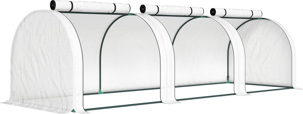 Tunnelgewächshaus, 3 Fenster mit Reißverschluss, Stahlrahmen, robuste Plane, 295 x 100 x 80 cm, Weiß