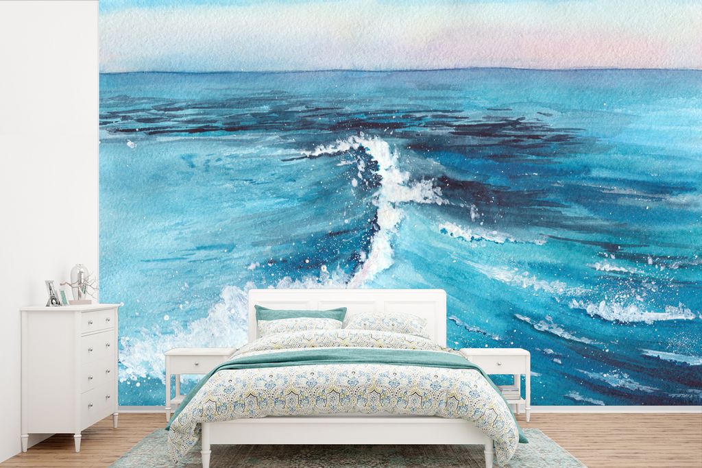 MuchoWow Fototapete für Wohnzimmer oder Schlafzimmer Wandtapete Vinyl Motivtapete Golf - Meer - Aquarell - 390x260 cm - Papiertapete