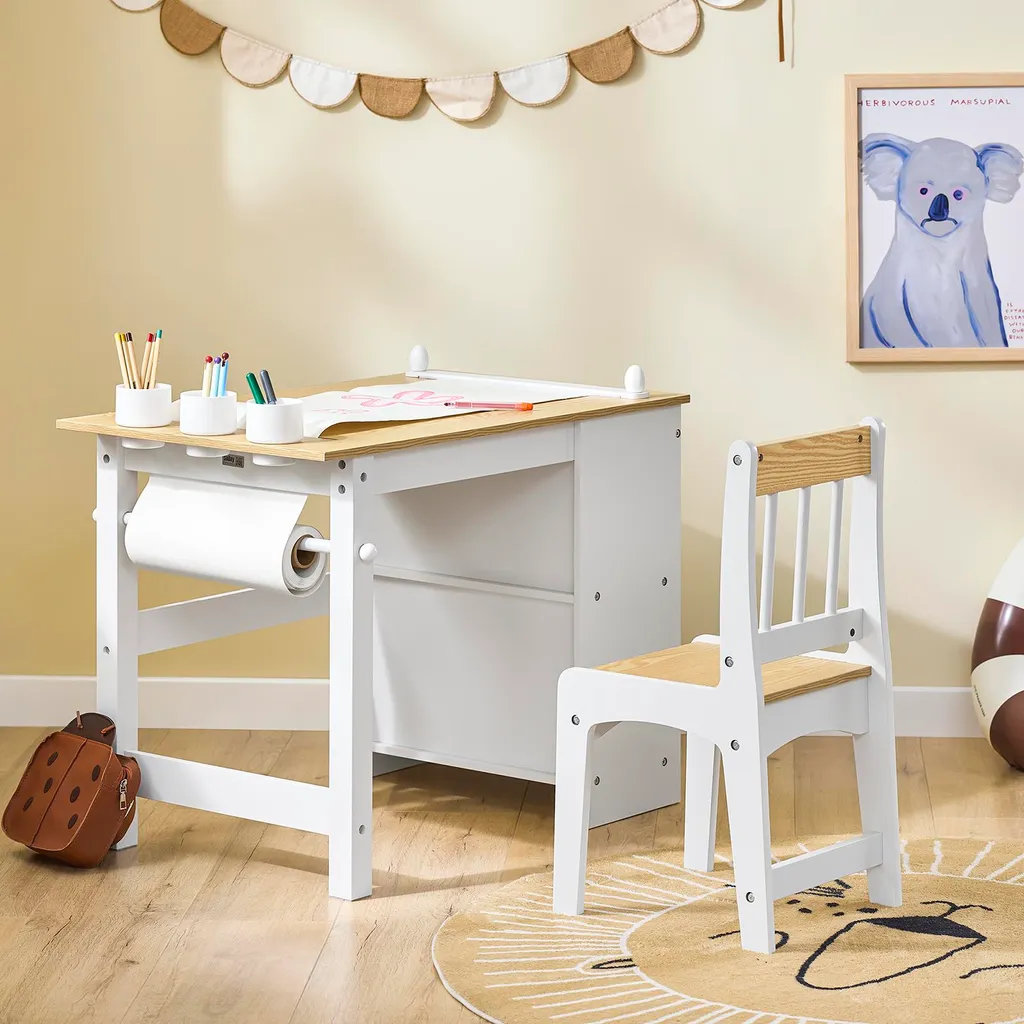 Bureau Enfant avec Chaise et Meuble de Rangement Intégré SoBuy Blanc