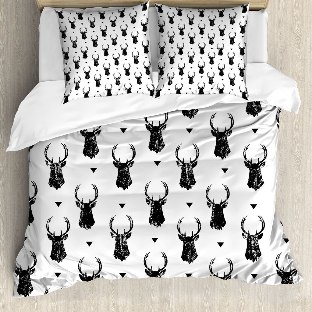 ABAKUHAUS Hirsch Bettbezug, Monochrome Tierkopf, Milbensicher Allergiker geeignet mit Kissenbezügen, 200 cm x 200 cm - 80 x 80 cm, Schwarz-Weiss