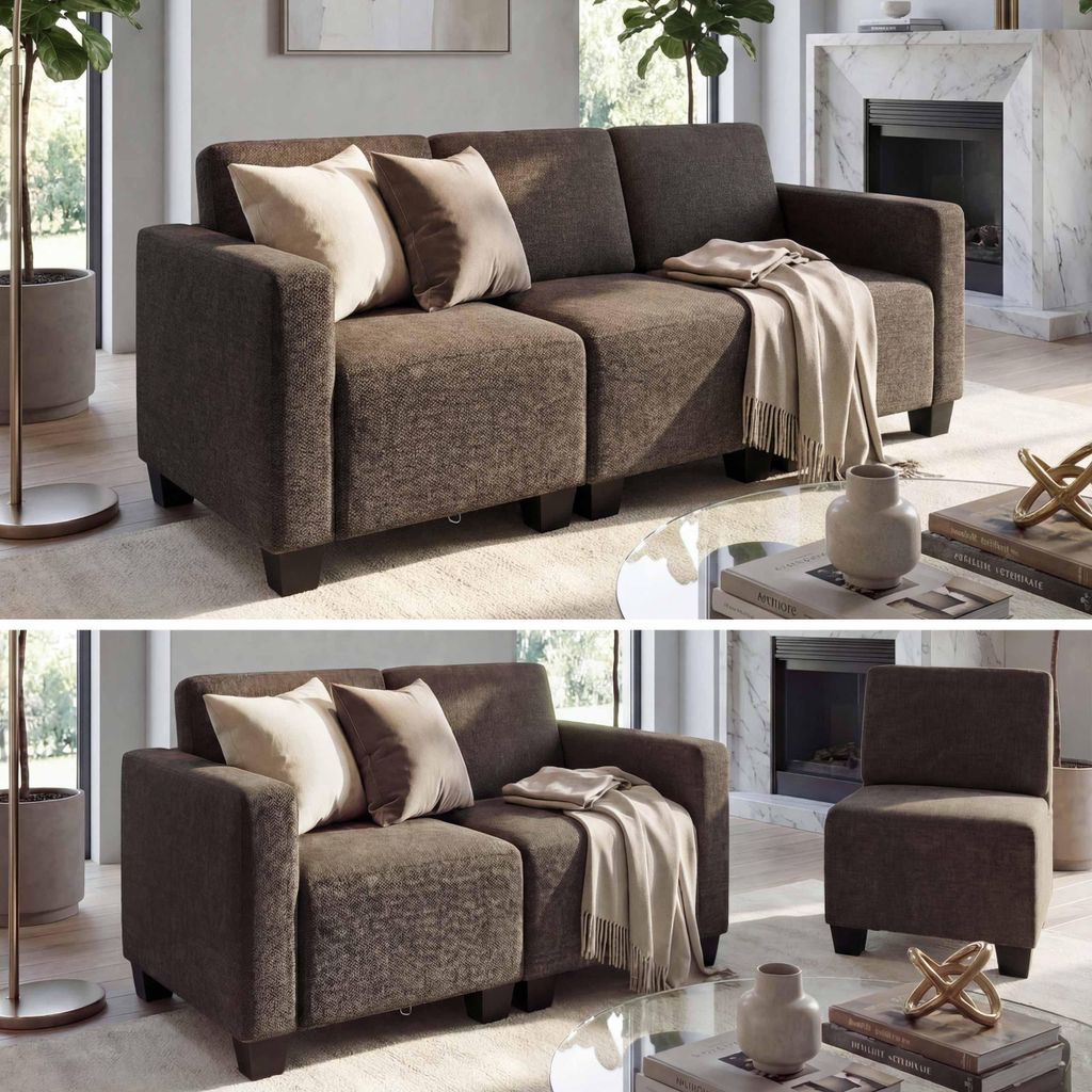 Modular 3-Sitzer Sofa Couch Lyon, Stoff/Textil braun