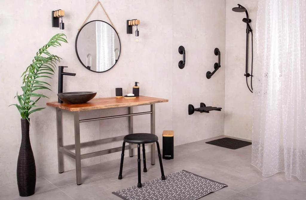 Tabouret de douche mural rabattable noir mat pour salle de bain PMR