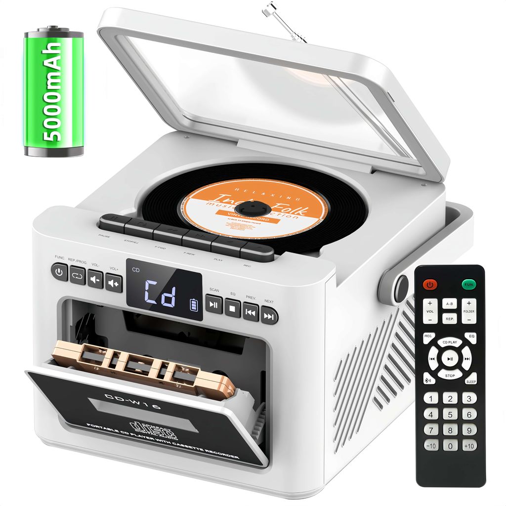 CD Player Tragbar, Boombox Kassettenspieler mit UKW Radio, Bluetooth 5.1 CD-Player, AUX/USB/SD Karte-In, 5W Lautsprecher, LED Bildschirm, Weiß