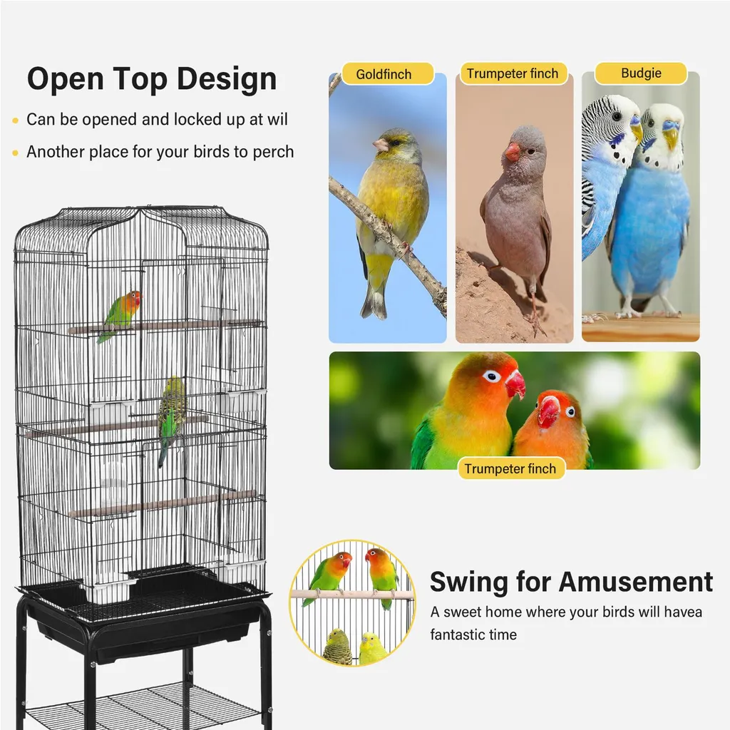 Cage à oiseaux en fer 47x37x137 cm avec support à roulettes mobile