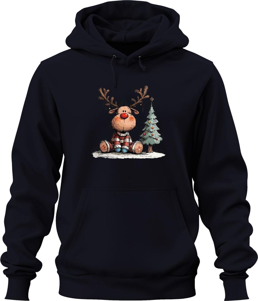 Rudolf Rentier Rote Nase Weihnachten Baum Kinder Geschenk Retro Uni Hoodie Kapuzenpullover, Navy, XXL