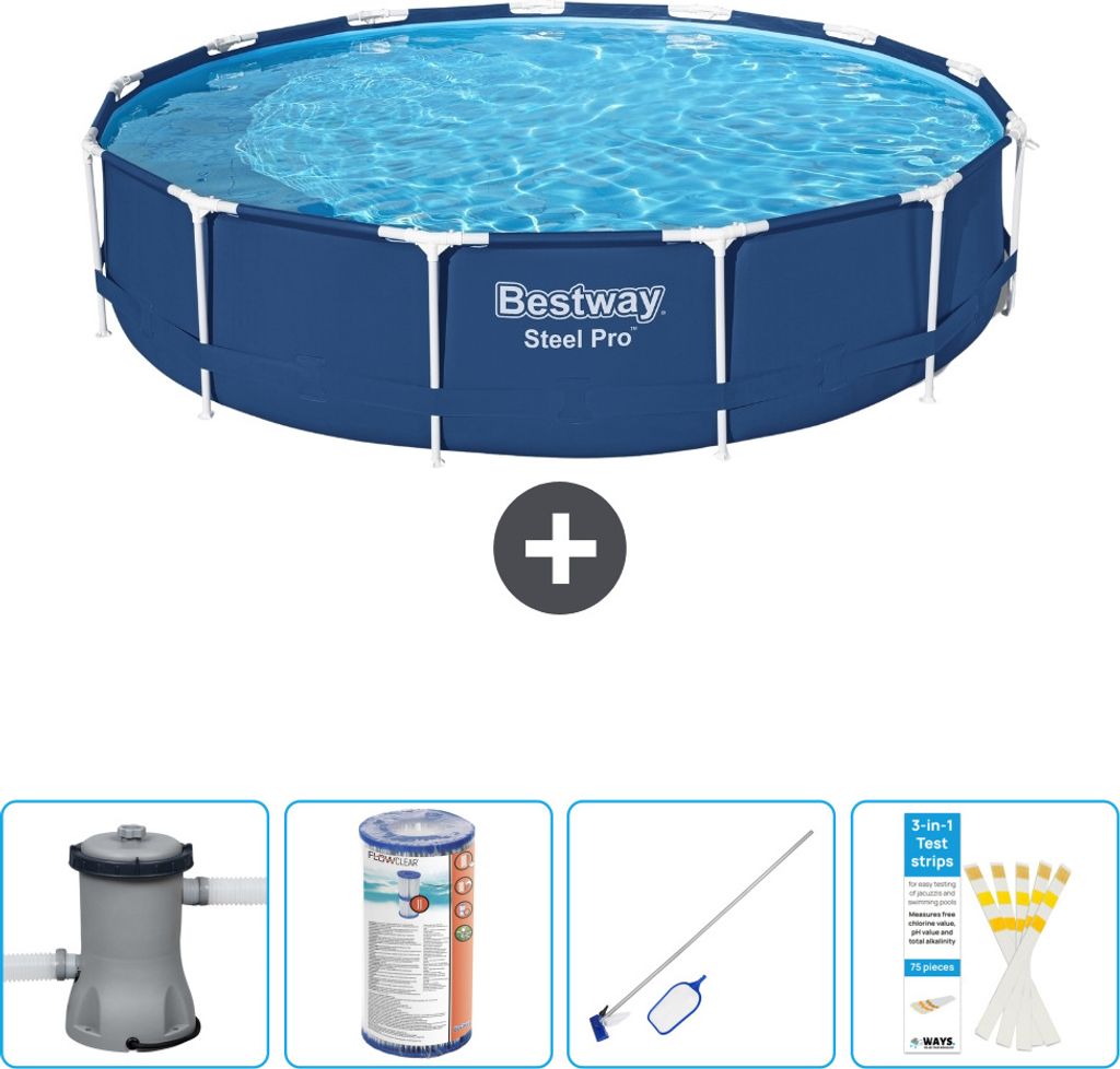 Bestway Round Steel Pro Swimmingpool – 396 x 84 cm – Blau – inklusive Pumpe Filter - Reinigungskit - Teststreifen