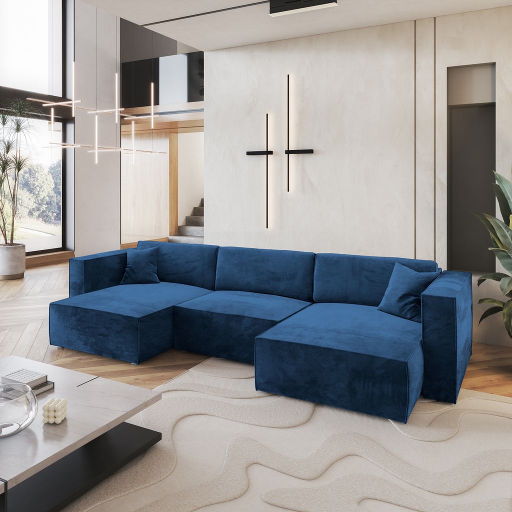 Masseno Ecksofa SARMO M mit Schlaffunktion U-Form, Sofa mit Bettkasten, Wohnzimmersofa, Couch, Soffa, Bettsofa, Couchgarnitur- Blau, MONOLITH 77