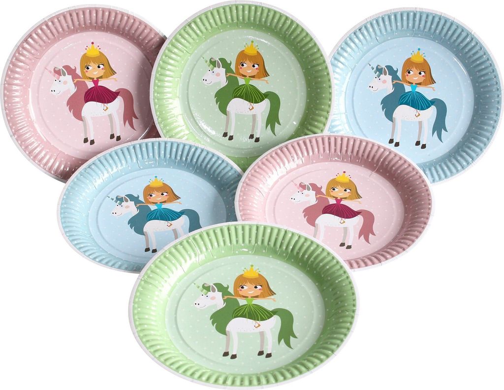 Einhorn-Prinzessin Partyteller Kindergeburtstag-Deko 6 Stück bunt 23 cm -