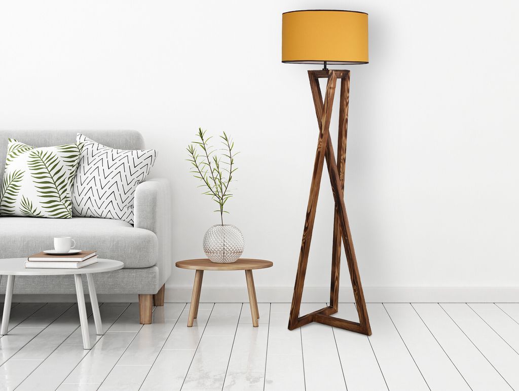 Opviq, Maçka Yanık Ahşap Lambader Silindir Hardal Abajurlu, Stehlampen, Braun, Tannenbaum, 45 x 45 x 150 cm