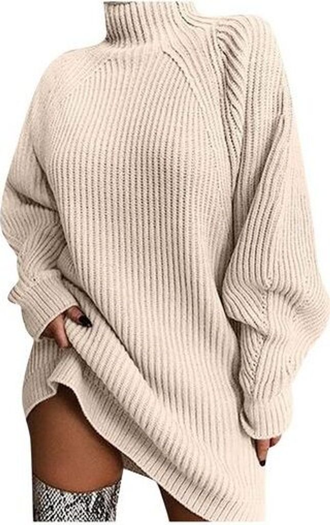 Grobstrickpulloverkleid, trendiges Pulloverkleid Winterpullover mit Fledermausärmeln für Damen,Aprikose