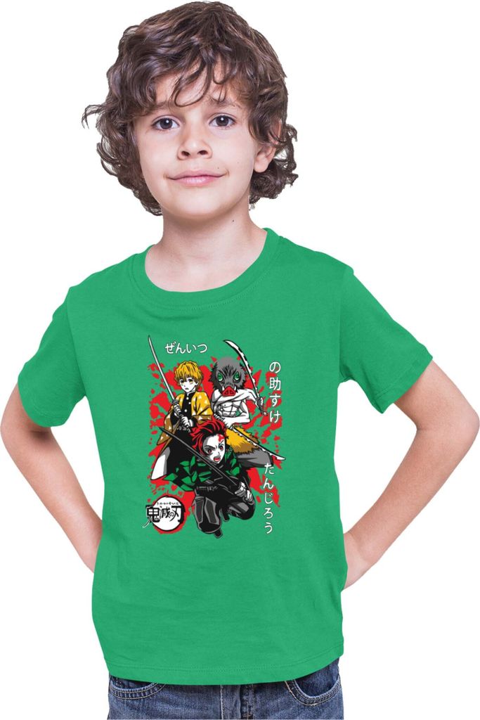Kinder T-Shirt Demon Anime Slayer Kimetsu No Yaiba Tanjiro Zenitsu Inosuke 002, 7-8 Jahr - 128 / Grün