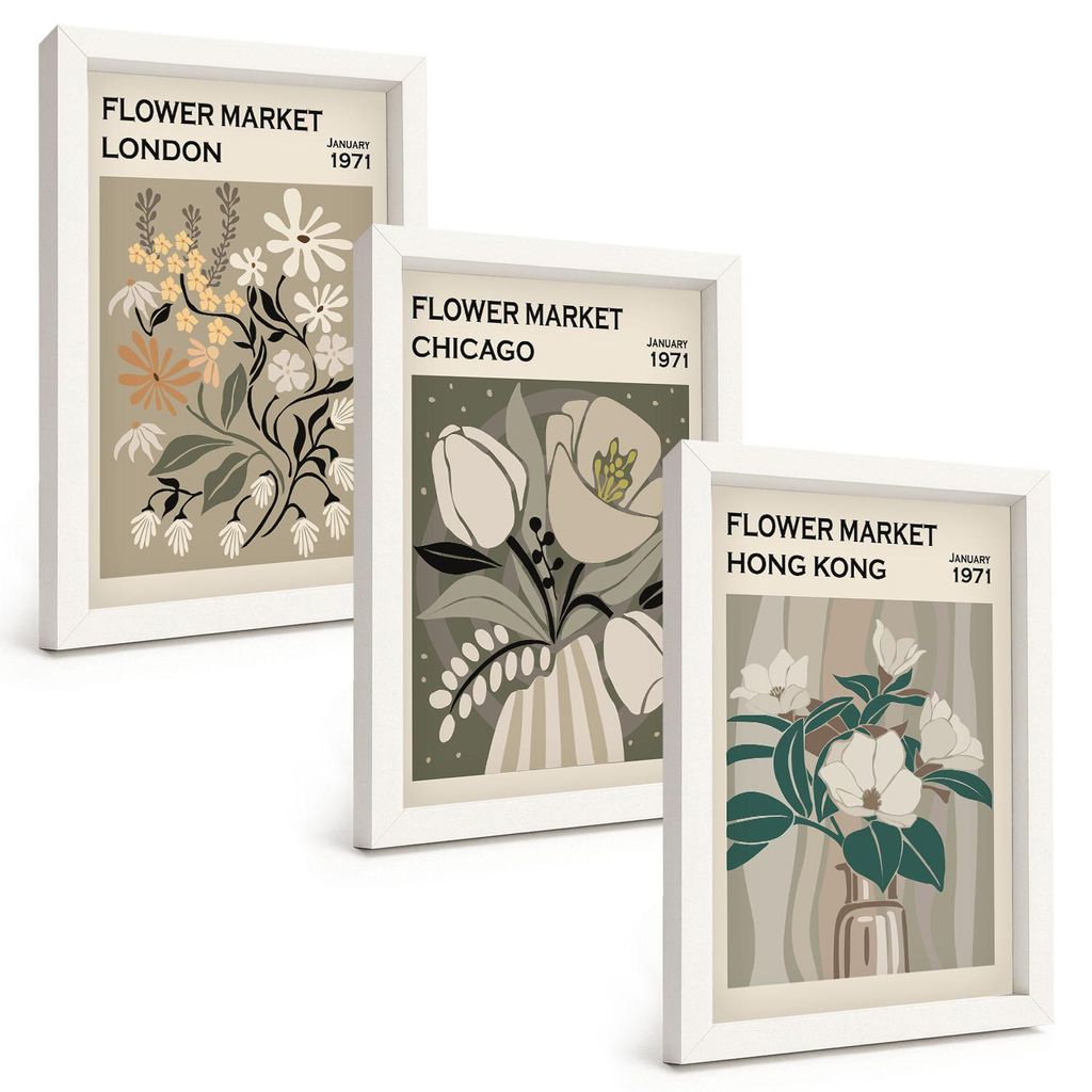 Bilder Set 3-teilig im weißen Rahmen – Wandbilder 3 Stück – gerahmte Poster für Wohnzimmer, Schlafzimmer und Flur – 20x30 cm – Blumenmes...