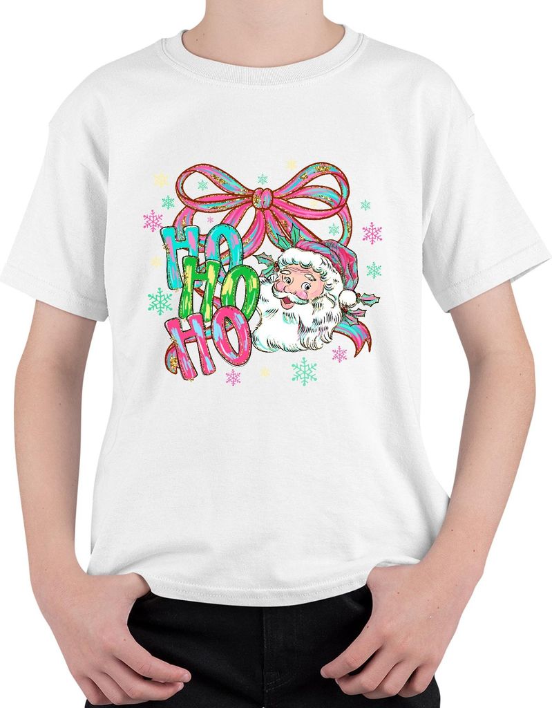 Ho Ho Ho Weihnachtsmann Schleife Schneeflocken Retro Geschenk Uni Kinder T-Shirt, Weiß, 128
