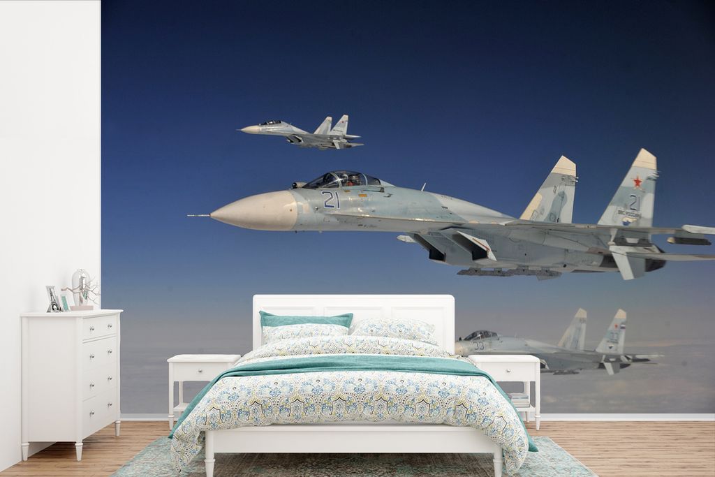 MuchoWow Fototapete für Wohnzimmer oder Schlafzimmer Wandtapete Vinyl Motivtapete Flugzeuge - Düsenjäger - Pilot - 450x300 cm - Gemusterte