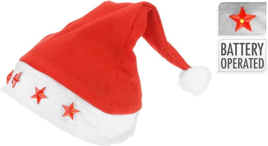 A red and white Santa hat with red stars and a white pom-pom.