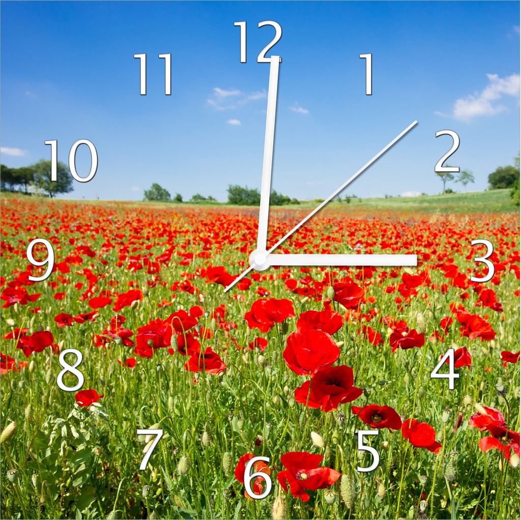 Wallario Design Wanduhr Mohnblumenfeld- rote Blumen unter blauem Himmel aus Echtglas, Größe 30 x 30 cm