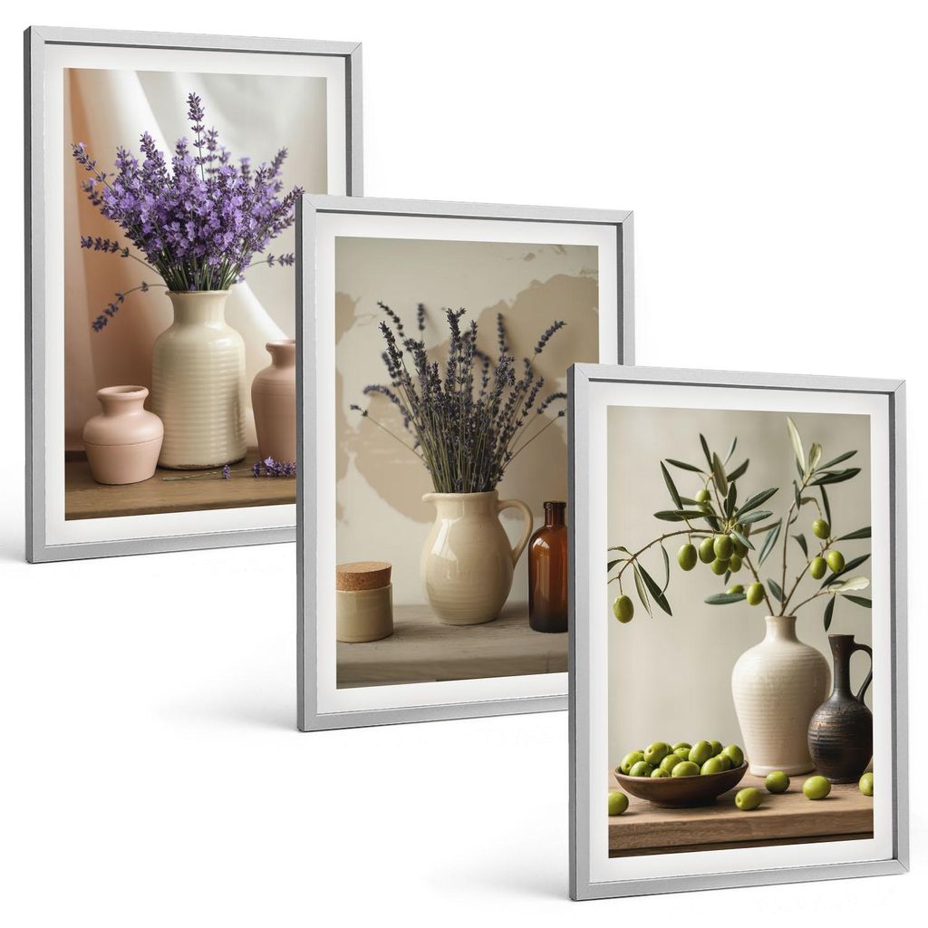 Bilder Set 3-teilig im silbergerahmten Rahmen – Wandbilder 3 Stück – gerahmte Poster für Wohnzimmer, Schlafzimmer und Flur – 40x60 cm – L...
