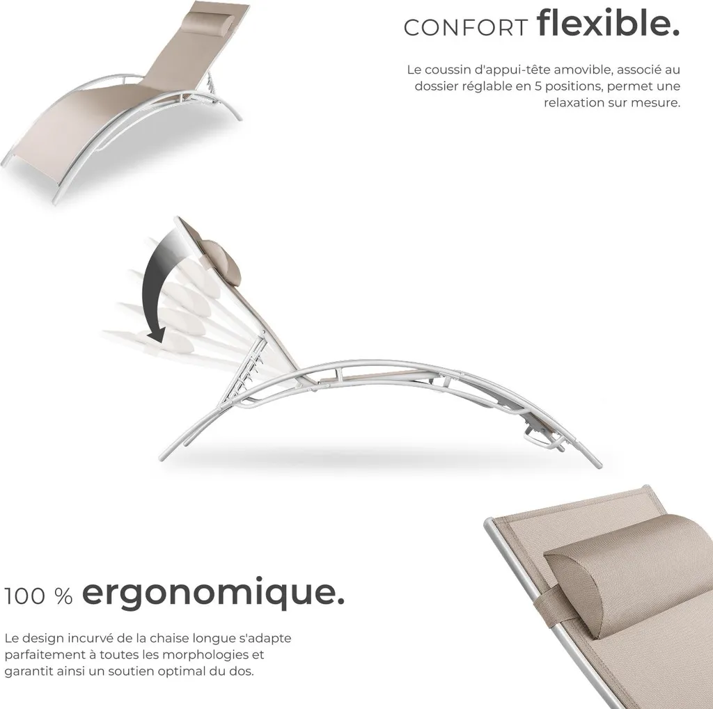 Transat aluminium beige avec dossier 5 positions, set de 2 pour piscine