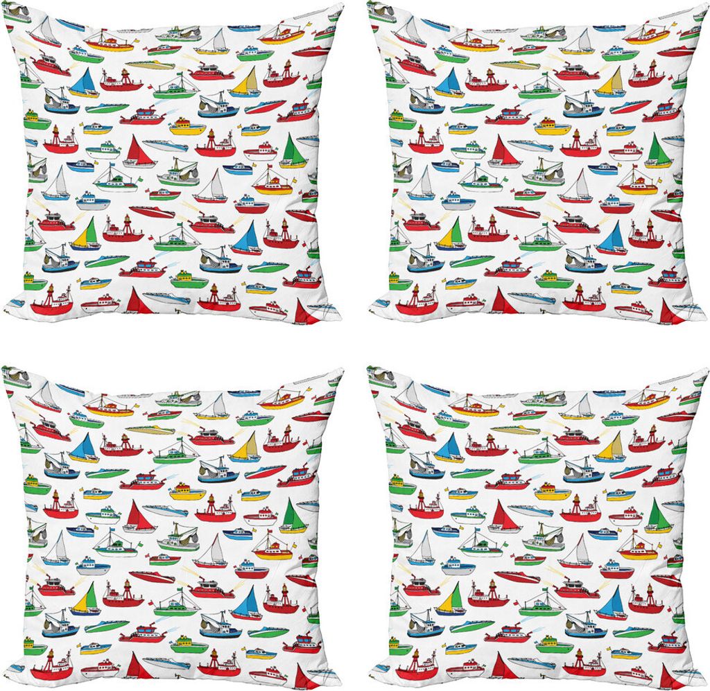 ABAKUHAUS Nautisch Kissenbezug Set (4 Stück), Cartoon Fischerboote, Moderner Doppelseitiger Digitaldruck, 45 cm x 45 cm, Mehrfarbig