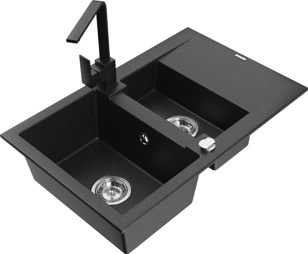Mexen Gaspar 1,5-Becken-Granitspüle mit Abtropffläche und Mischbatterie Rita, Schwarz/Silbermetallic - 6507-73-670300-70
