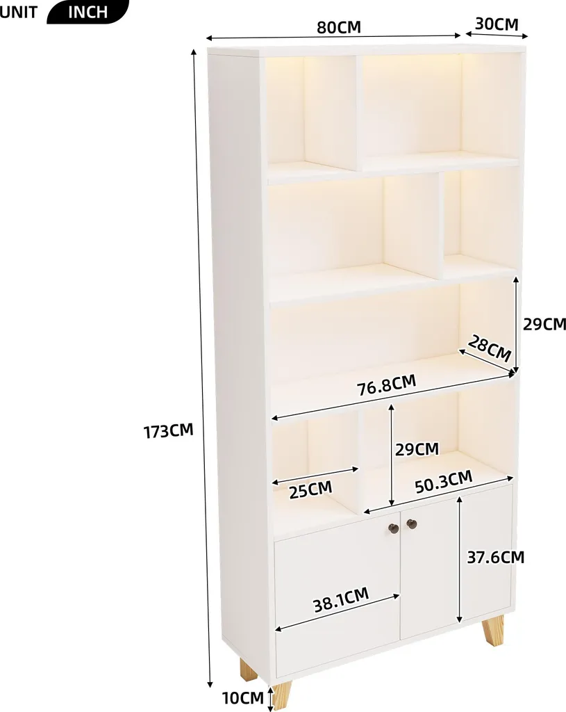 Bibliothèque LED avec Télécommande et Compartiments, Style Blanc Épuré - 5