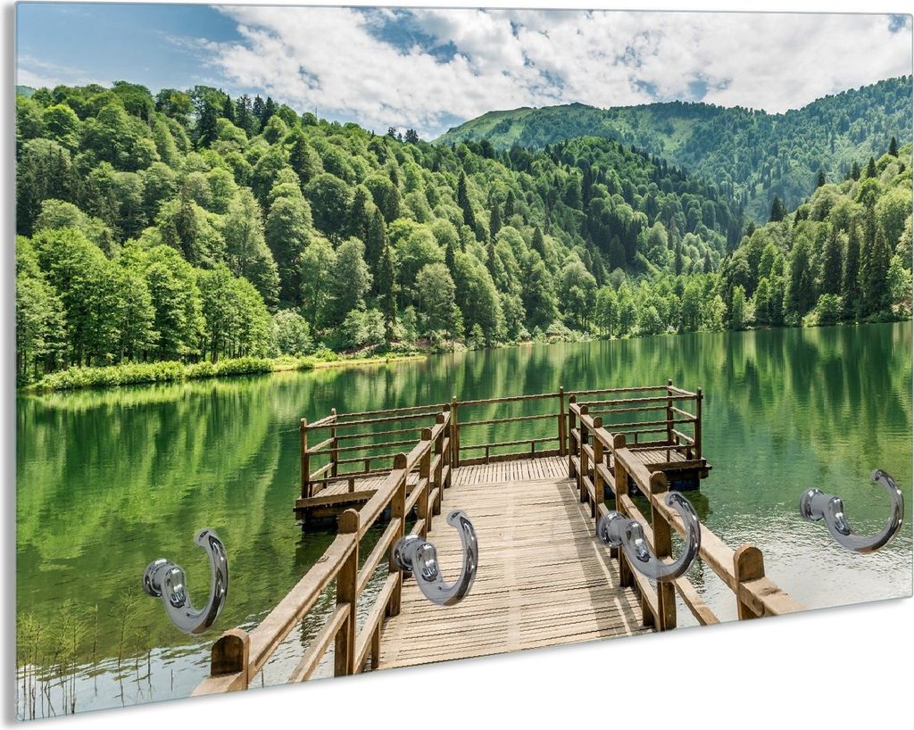 Wallario Handtuchhalter aus Glas, Motiv: Steg am See in den Bergen, 30 x 20 cm mit 4 Haken