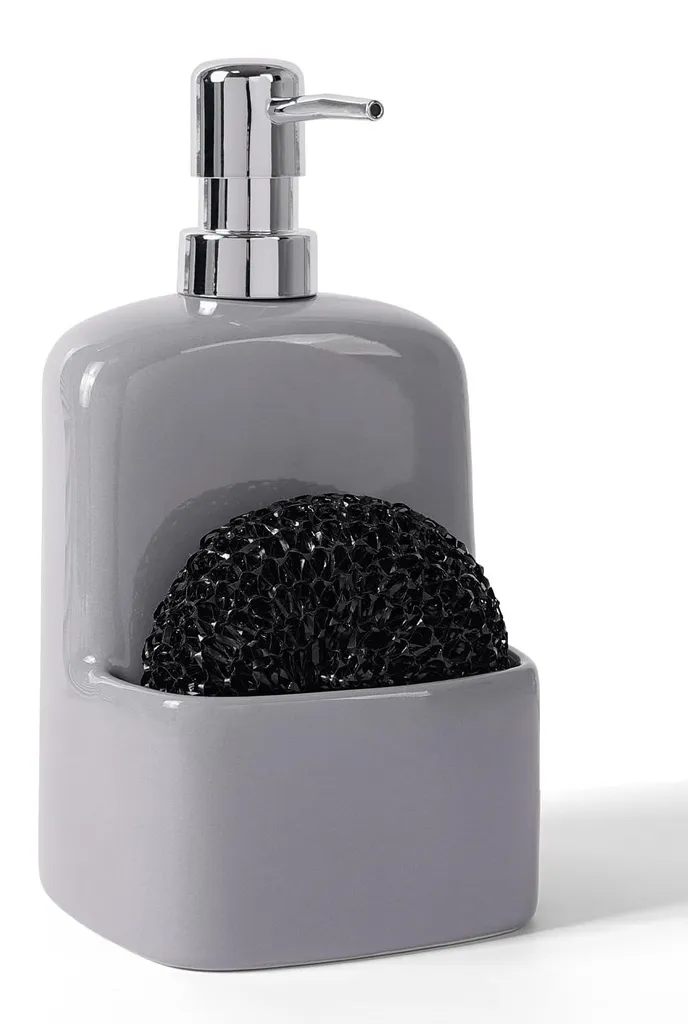 Distributeur liquide vaisselle gris avec porte-éponge en céramique