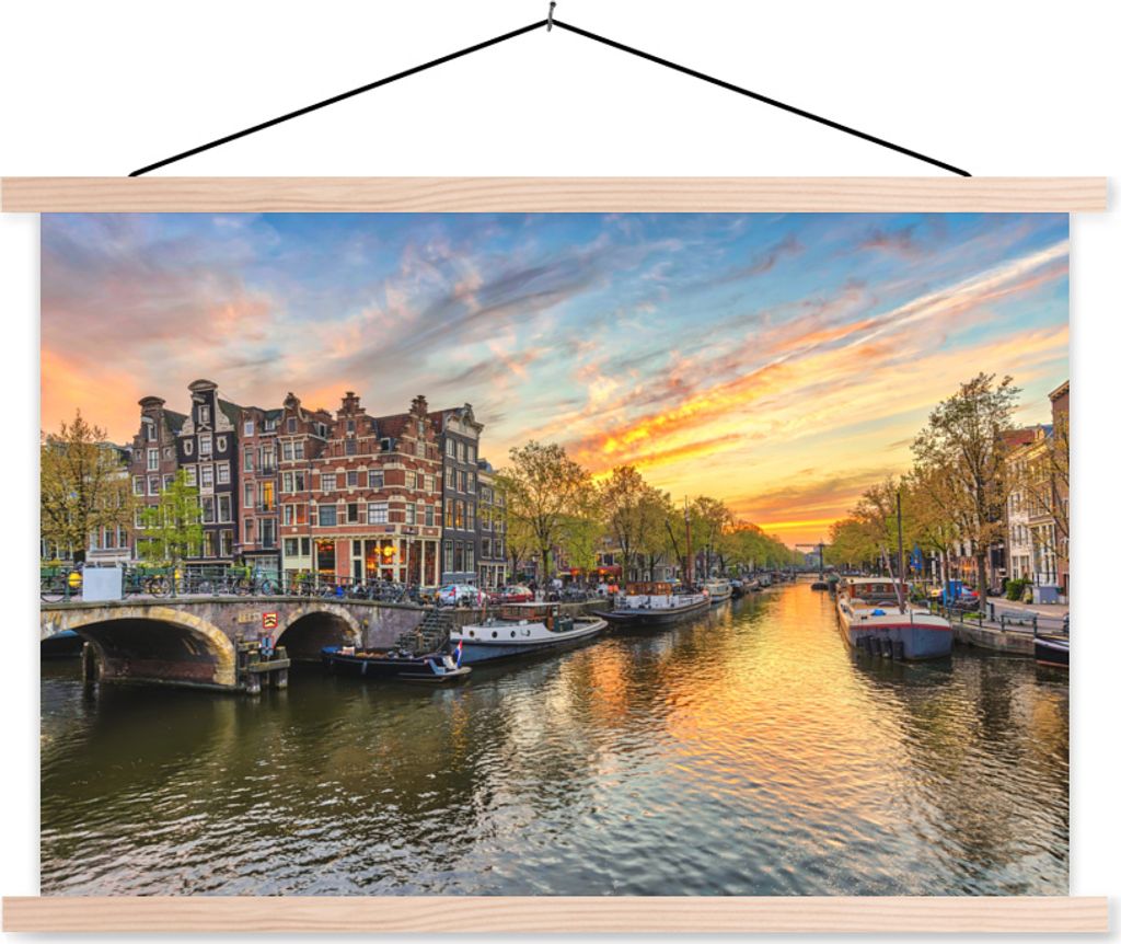 MuchoWow Textilposter Amsterdam - Wasser - Niederlande 150x100 cm mit holzfarbenen Rahmen - Posters