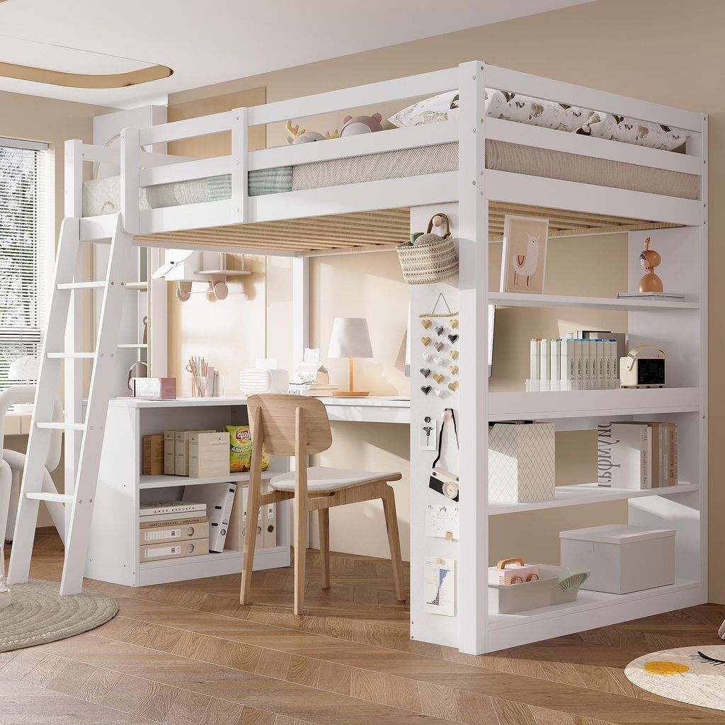 A white loft bed with a desk and shelves, set up in a child's room.