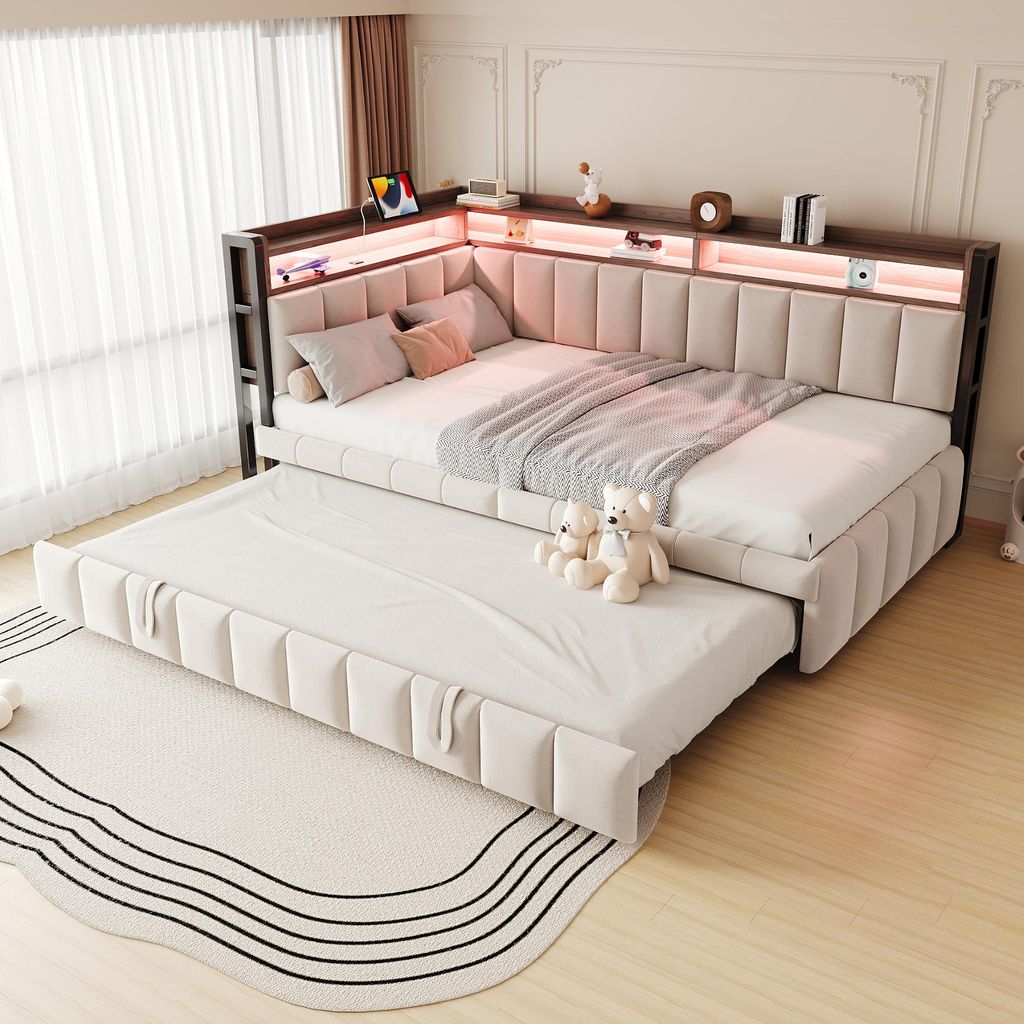A modern bed with a pull-out trundle, featuring integrated LED lighting and storage shelves.